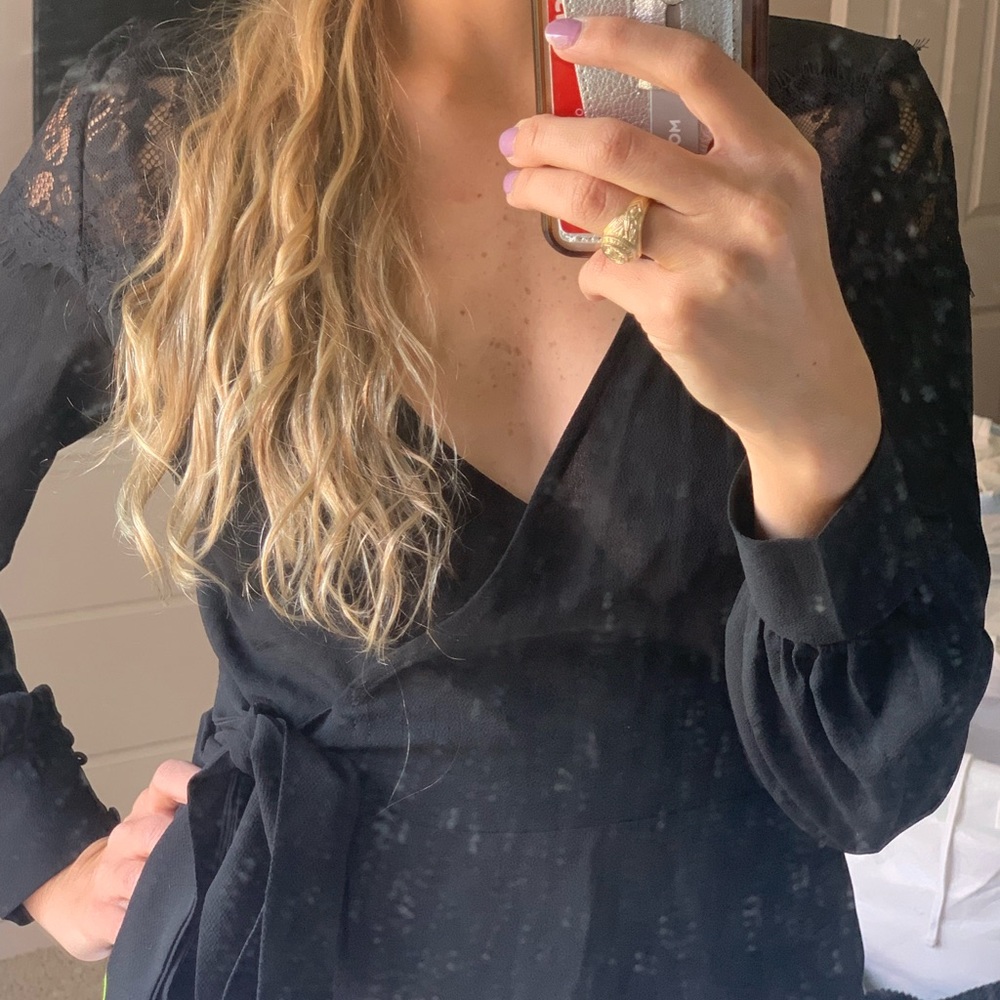 Black wrap tie blouse